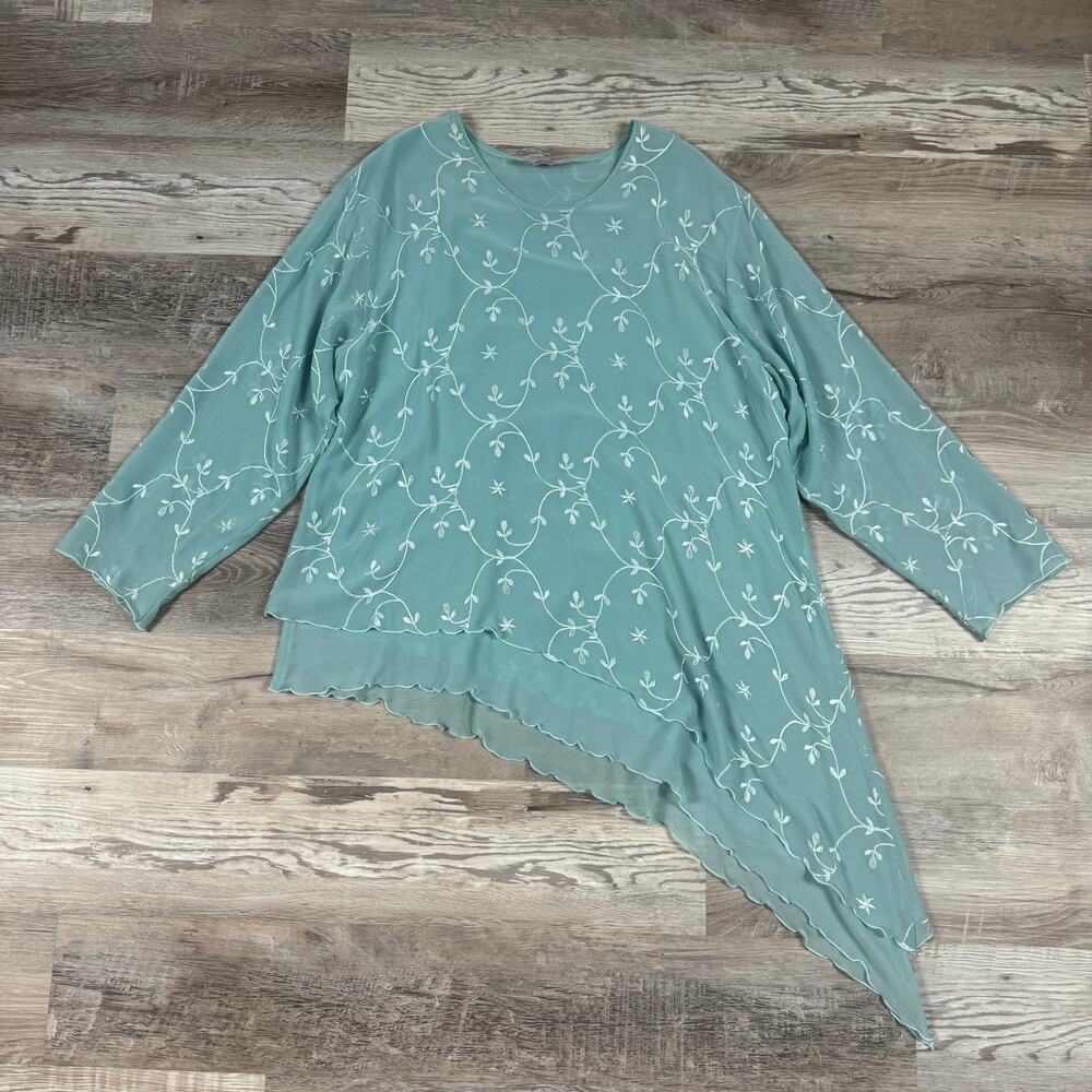 Vintage 90s Y2K Silk Seafoam Embroidered Asymmetrical Tunic Fairycore Top Large